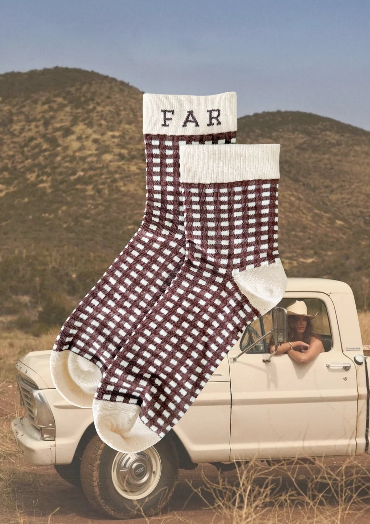 Far Mer. by Whitney Cocoa Check Socks with a cozy plaid pattern and ribbed cuffs, perfect for casual wear.