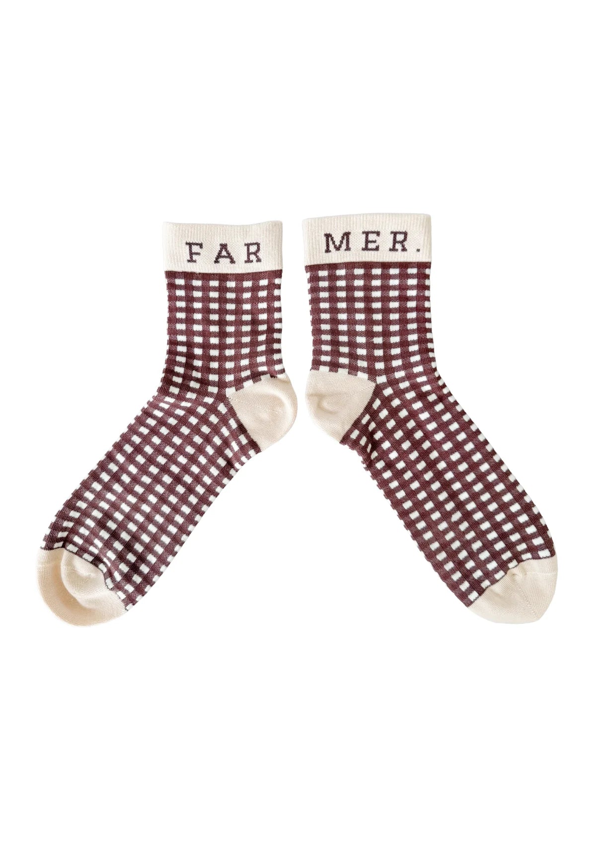 Far Mer. by Whitney Cocoa Check Socks with a cozy plaid pattern, perfect for casual or stylish winter wear.