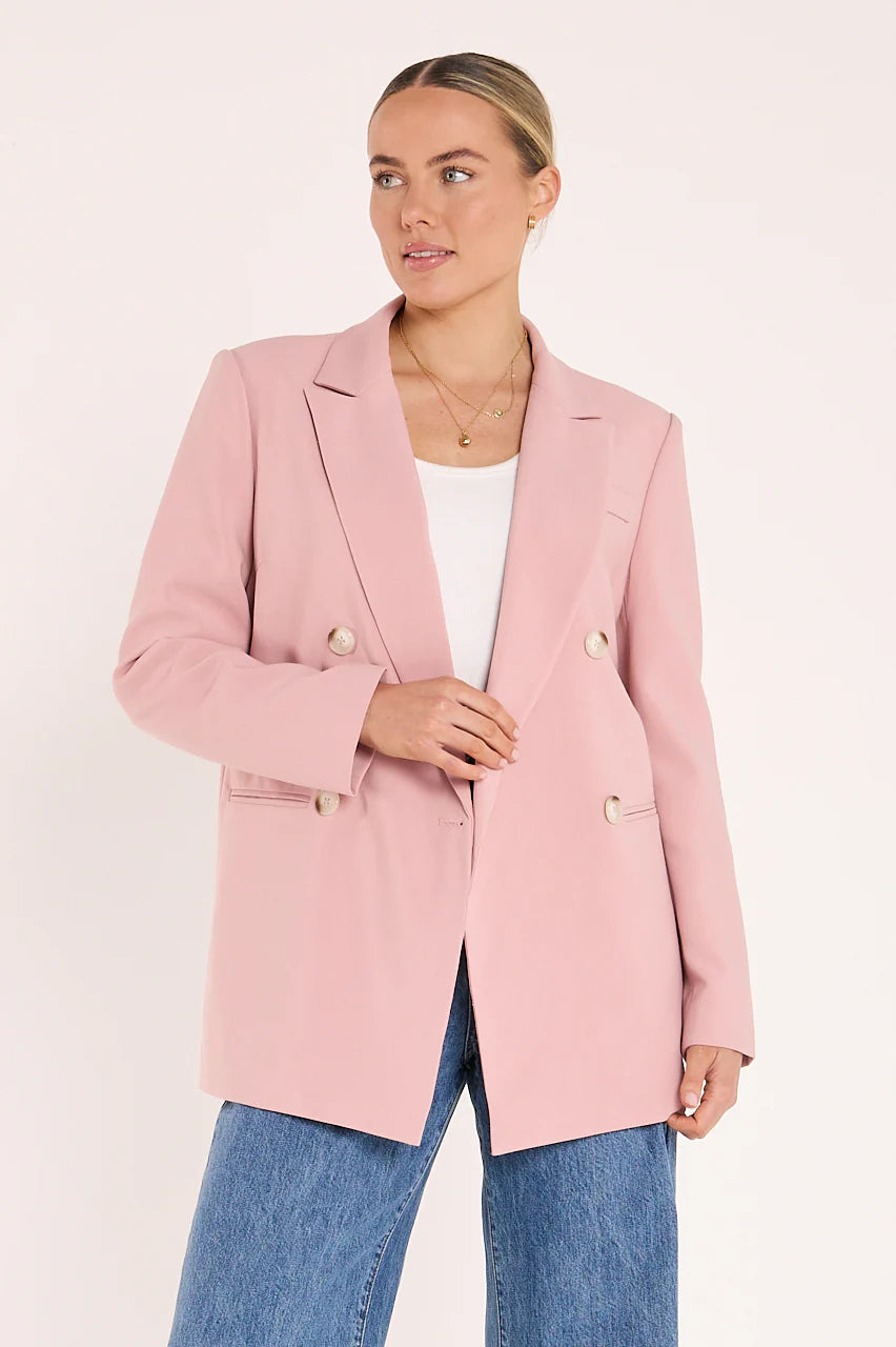 Feather + Noise Hayley Blazer in sweet pink, tailored fit with lapel collar and long sleeves, displayed on a neutral background.