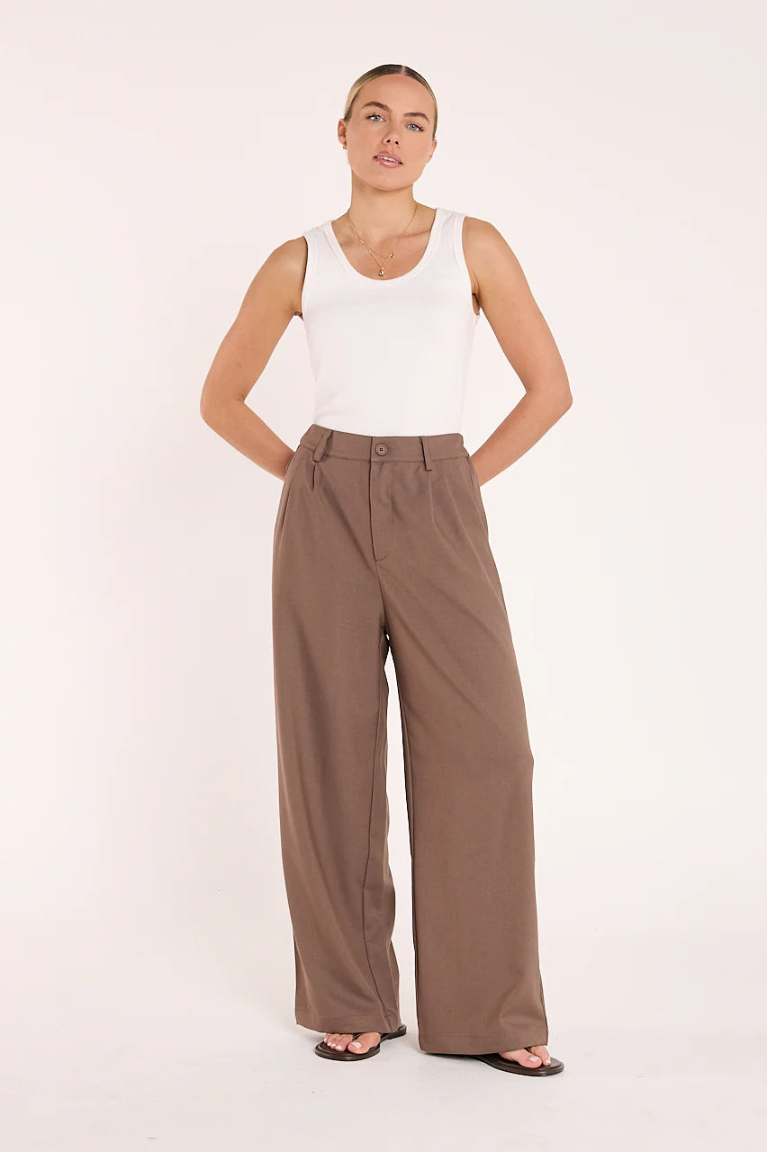 Feather + Noise Carmen Pant in chocolate fabric, showcasing relaxed fit and stylish design, perfect for casual or chic outfits.