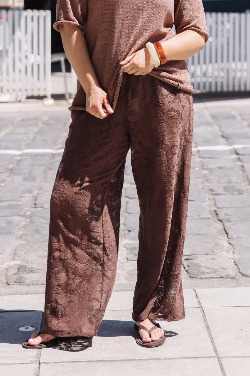 Feather + Noise Valerie Pant in Cocoa Lace, stylish women’s pants featuring intricate lace details and a comfortable fit.
