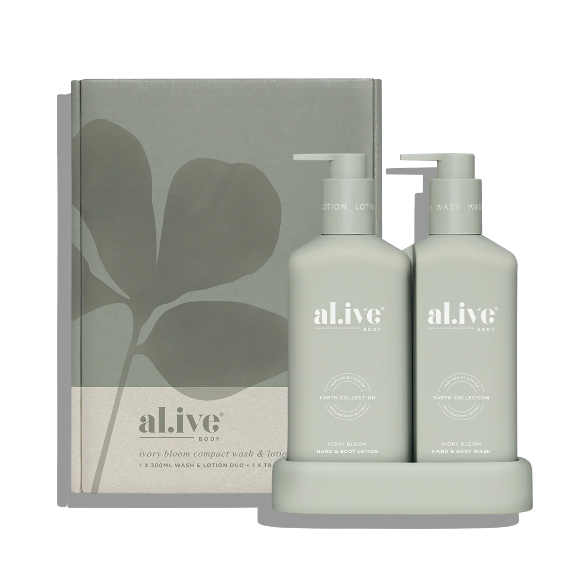 Al.ive Body Compact Bathroom Duo with Ivory Bloom wash and lotion set, featuring elegant ivory packaging and sleek pump bottles.