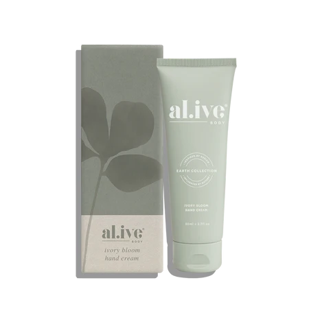 Al.ive Body Ivory Bloom hand cream tube with floral design, showcasing a luxurious moisturizer for soft, hydrated hands.