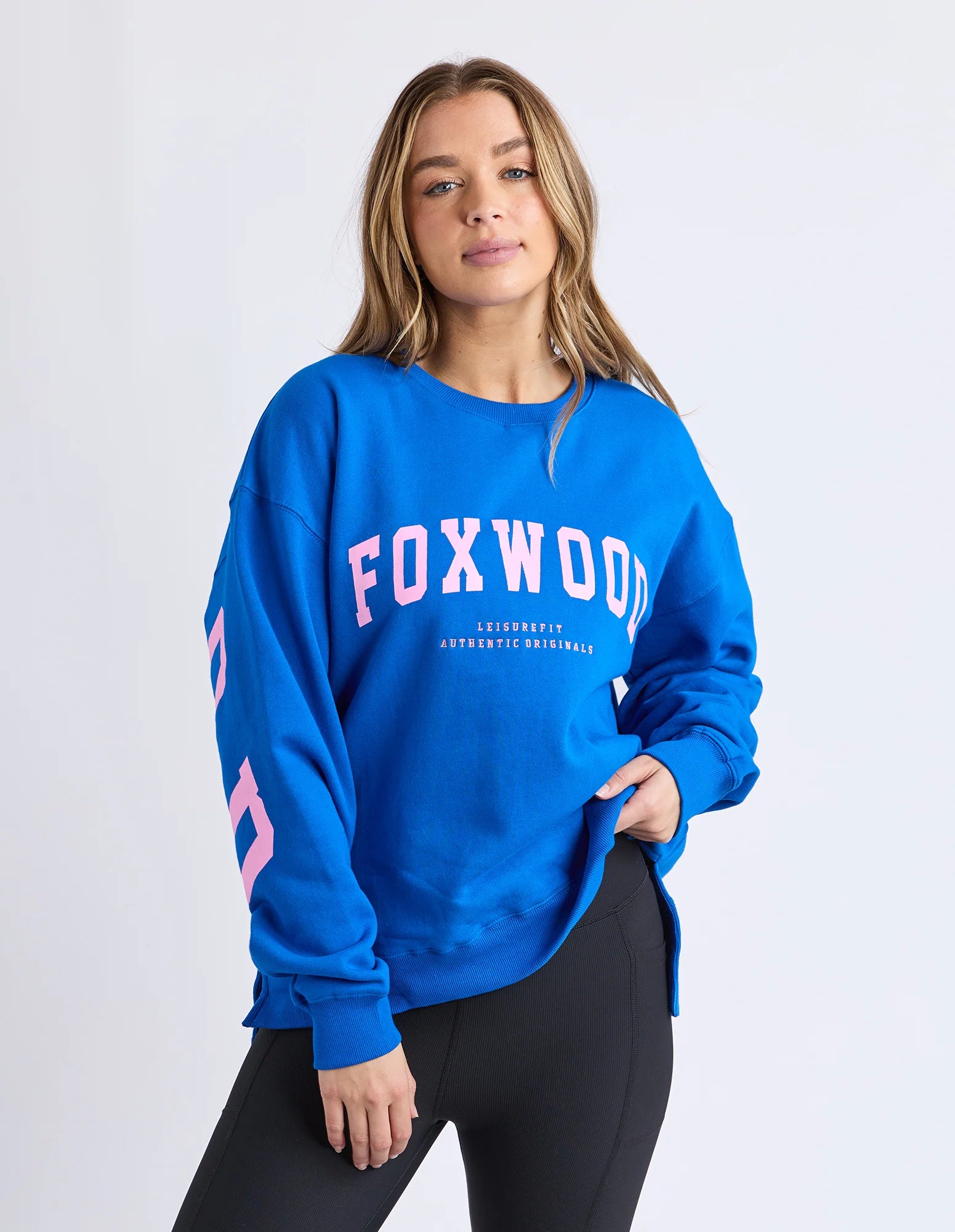 Foxwood Interval Crew sweatshirt in cobalt with neon pink accents, featuring a comfortable fit and stylish design.