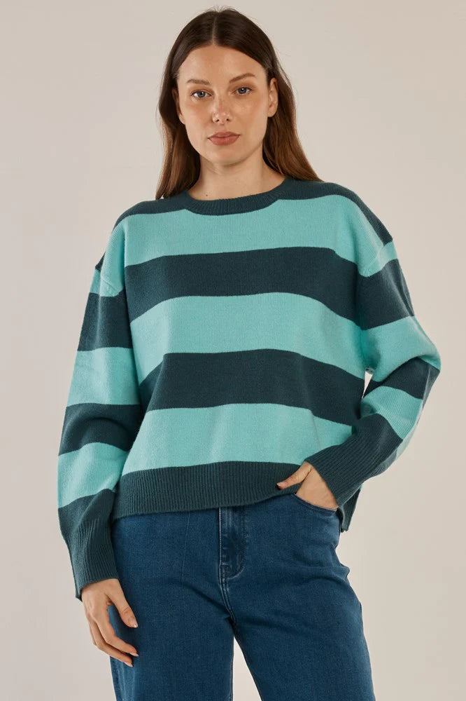 Leonie knit sweater by Betty Basics in teal green and blue stripe, featuring a cozy fit and stylish design.