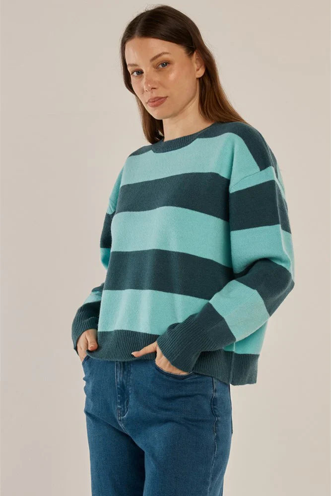 Leonie knit sweater by Betty Basics in teal green and blue stripe, featuring a cozy fit and stylish pattern.