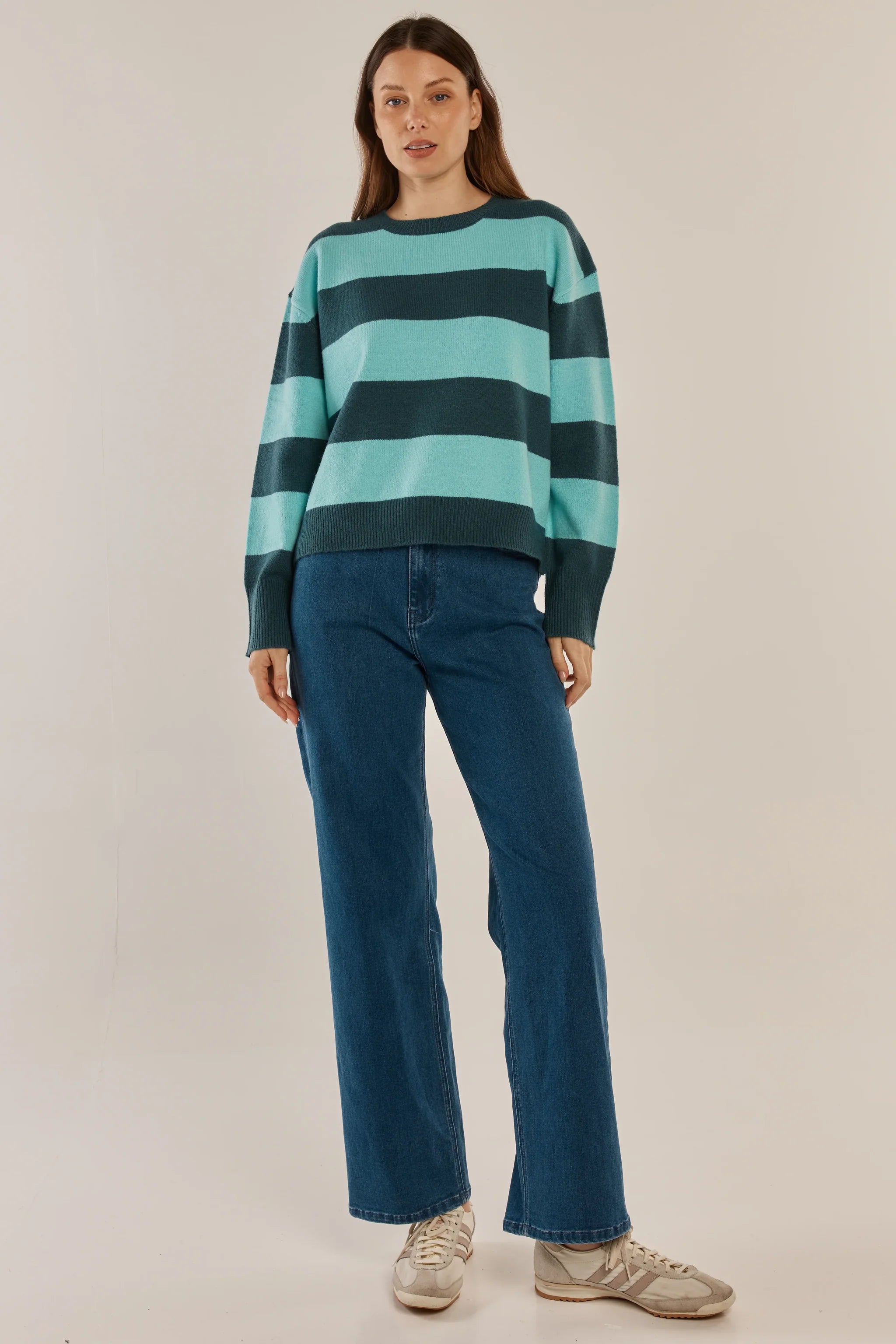 Betty Basics Leonie Knit Sweater in teal green and blue stripe, cozy knit fabric, featuring a relaxed fit and long sleeves.