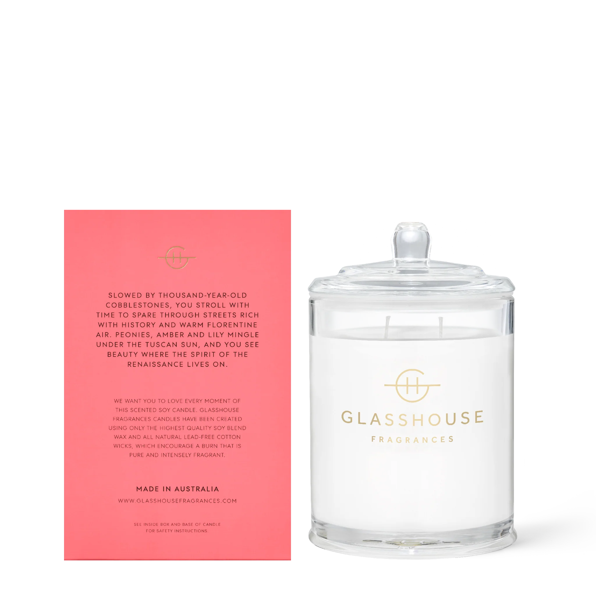 Forever Florence soy candle by Glasshouse Fragrances in a 380g glass jar with a lit wick and floral packaging.
