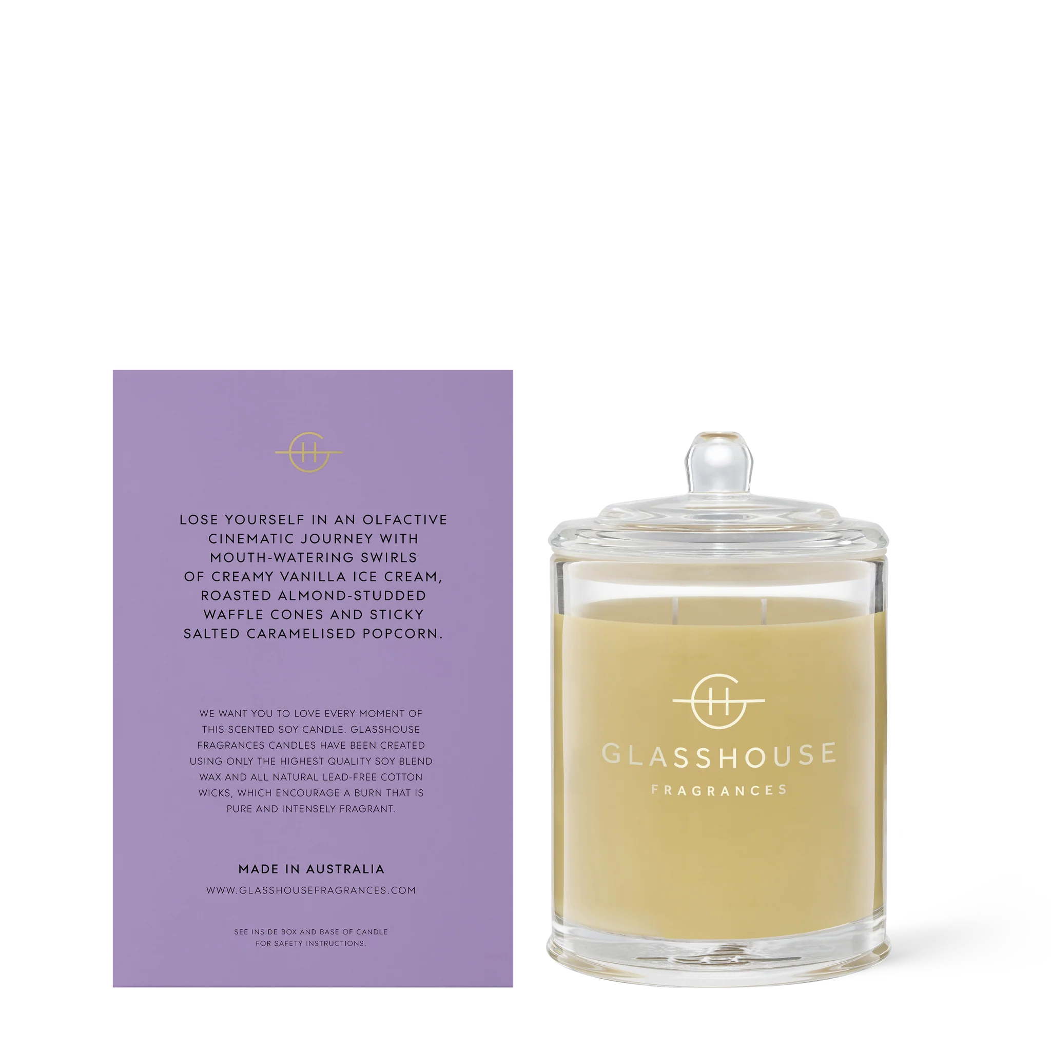 Glasshouse Fragrances Movie Night soy candle in a 380g jar, showcasing a cozy, inviting candle with a decorative label.