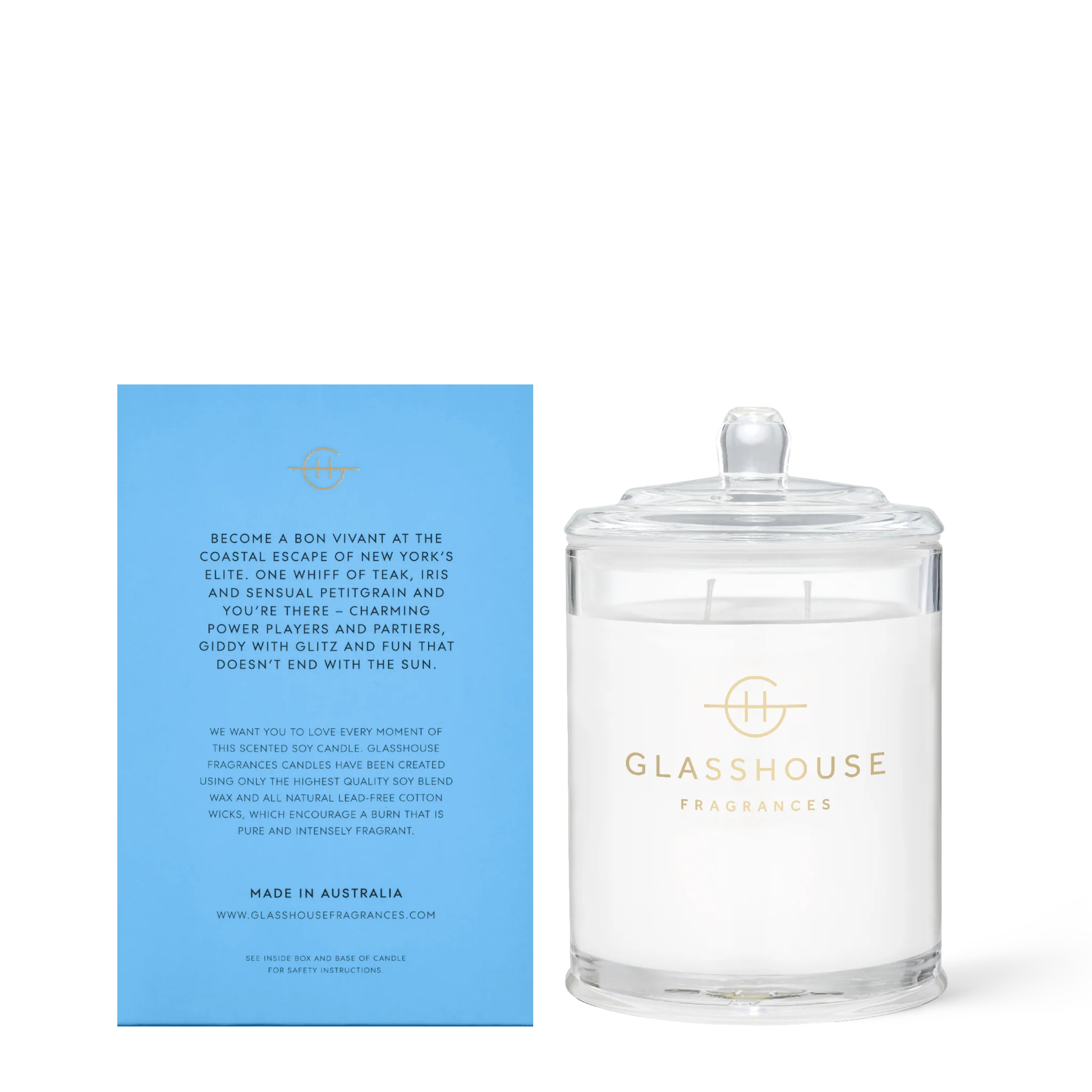 Glasshouse Fragrances The Hamptons Soy Candle in a glass jar, showcasing its elegant design and soft wax texture.