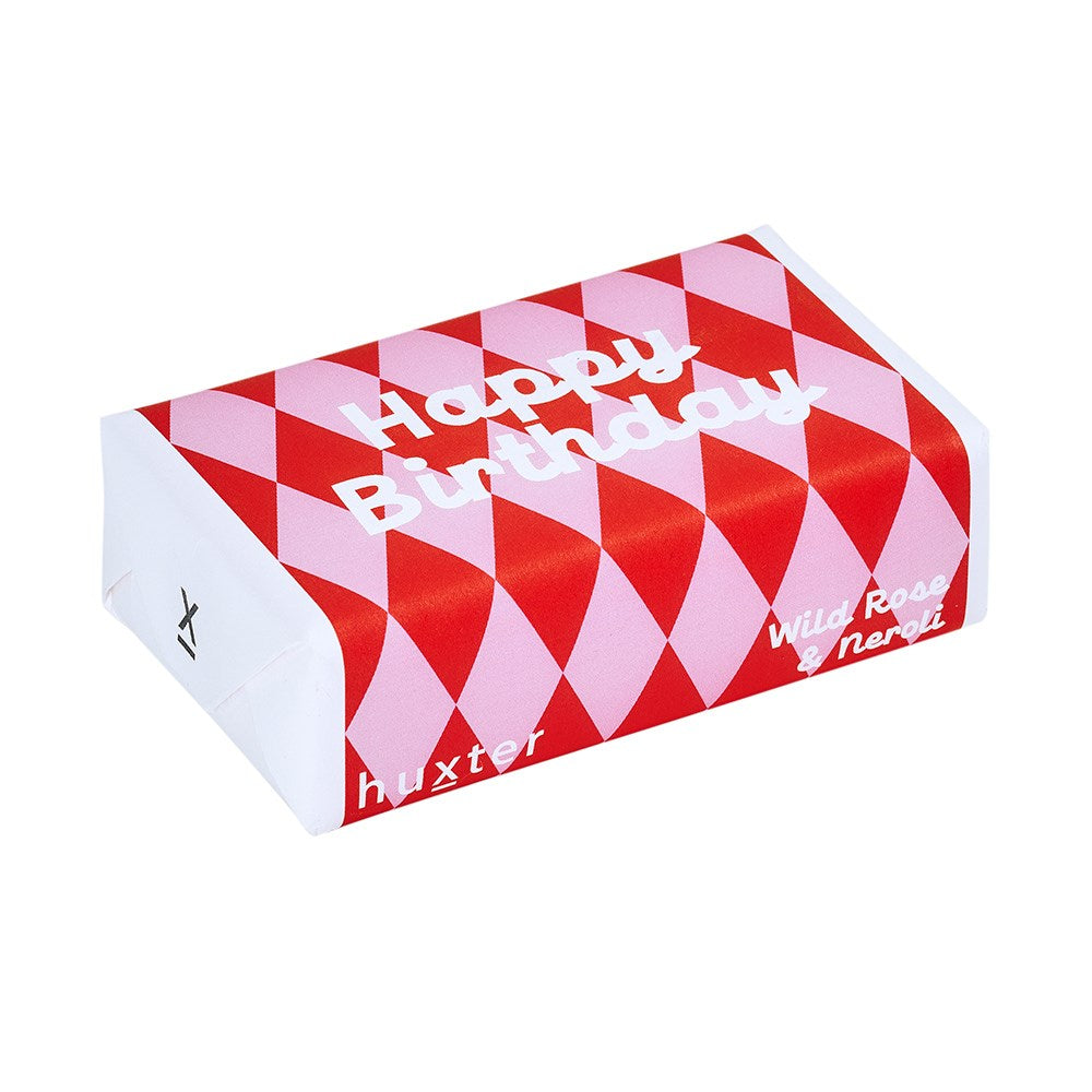 Huxter Happy Birthday soap with Wild Rose and Neroli scent, featuring a beautifully crafted floral soap bar for special occasions.