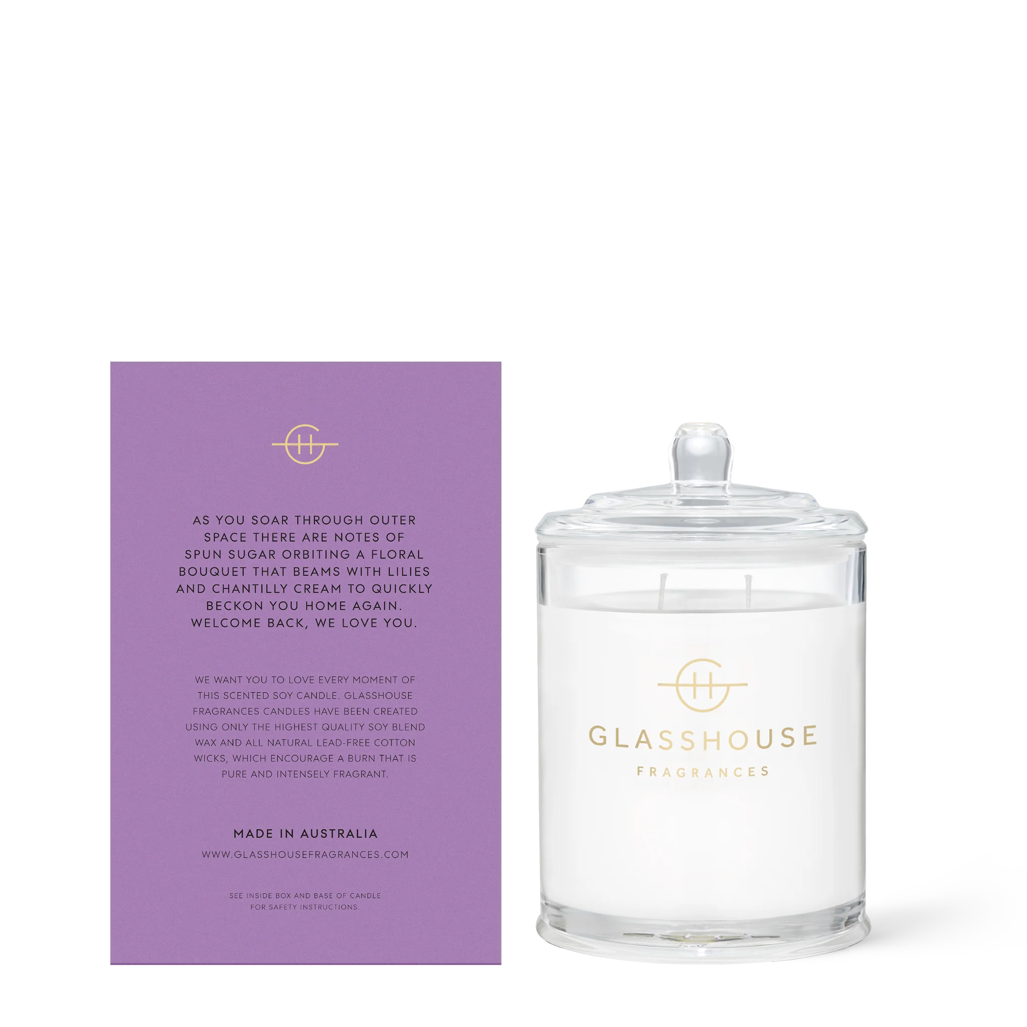 Glasshouse Fragrances Moon and Back soy candle in 380g jar, featuring a stylish glass container and ambient candle wick.