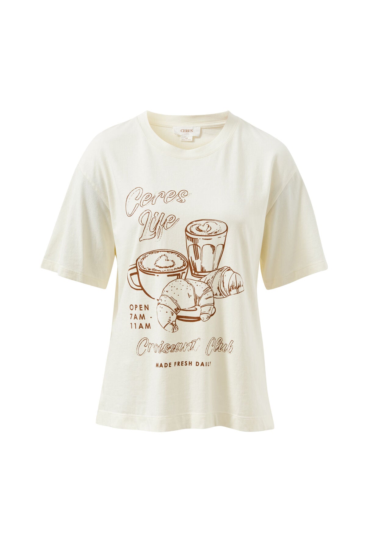 Ceres Life Stevie Slouchy Tee in Milk and Croissant Club colors, casual fit, soft fabric, displayed on a hanger.
