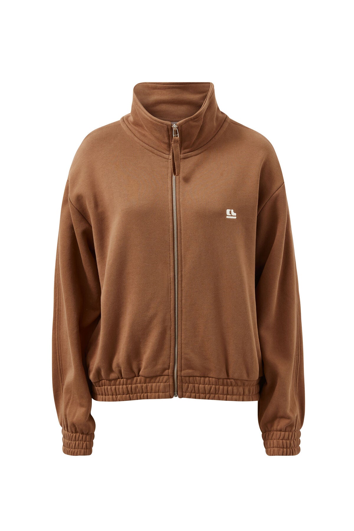 Ceres Life Freya Zip Thru Sweat in toffee color, featuring a front zip closure and casual fit, displayed on a hanger.