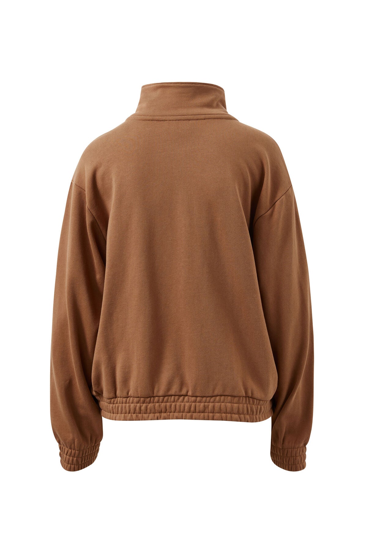 Ceres Life Freya Zip Thru Sweat in toffee color, casual zip-up hoodie with front pockets and soft fabric, shown on a model.