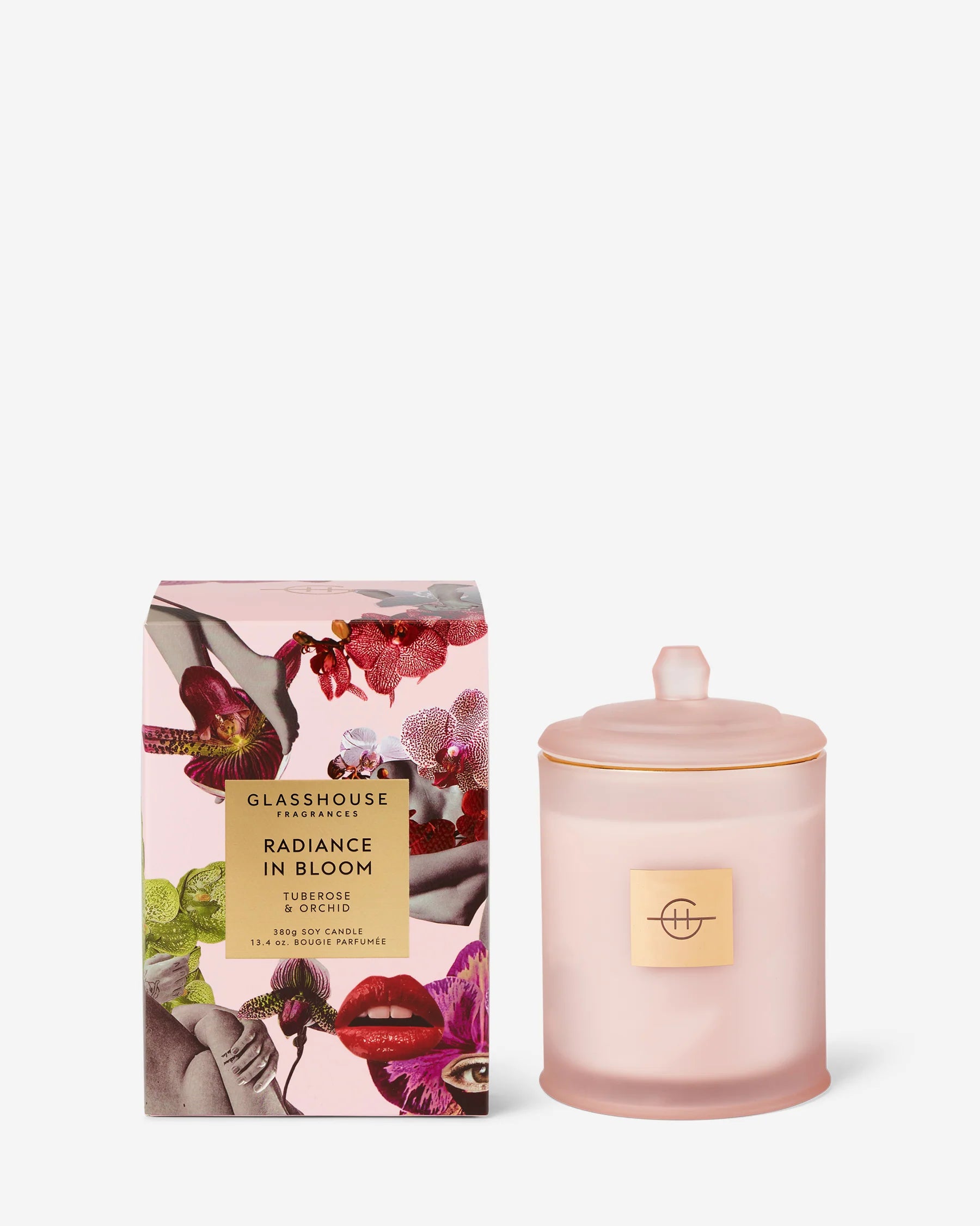 Glasshouse Fragrances Radiance in Bloom scented candle in 380g container, with a floral design and warm glow.