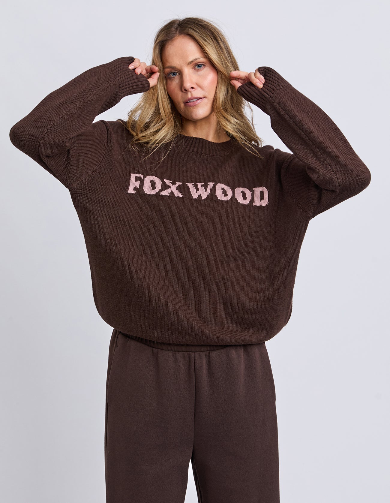 Foxwood Taylor Knit coffee bean color sweater, close-up of soft knit fabric with textured pattern.