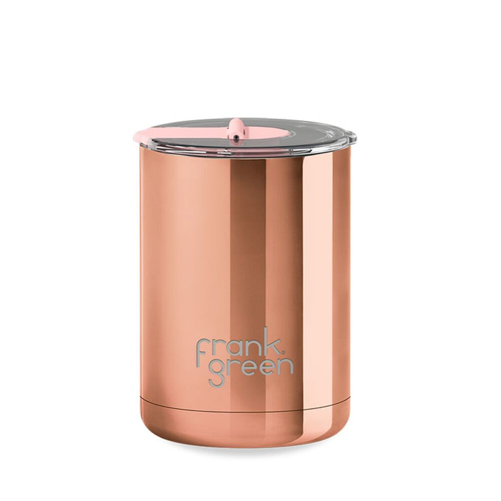 Frank Green rose gold chrome ceramic coffee cup with hinged lid, 12oz, featuring a sleek design and shiny finish.