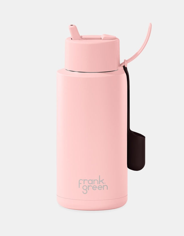 Frank Green Lip & Sip Set featuring a 34oz ceramic reusable bottle with a blush lip gloss holder and matching accessories.