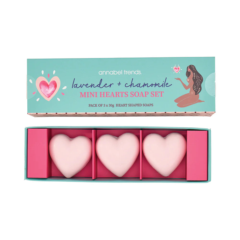 Lavender and chamomile mini hearts soap set by Annabel Trends, featuring small, colorful soap hearts with floral scents.