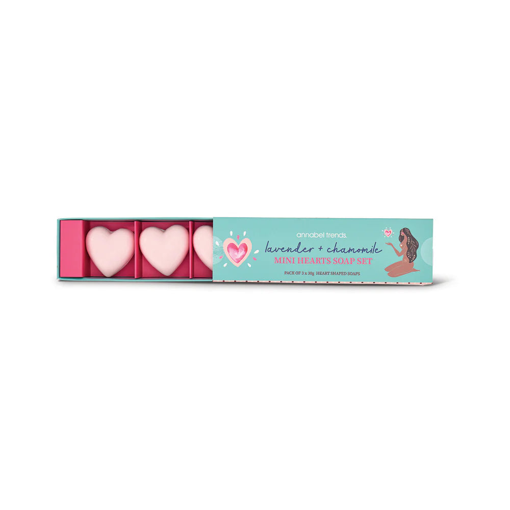 Lavender and chamomile mini hearts soap set by Annabel Trends, featuring small, scented soap pieces with floral designs.