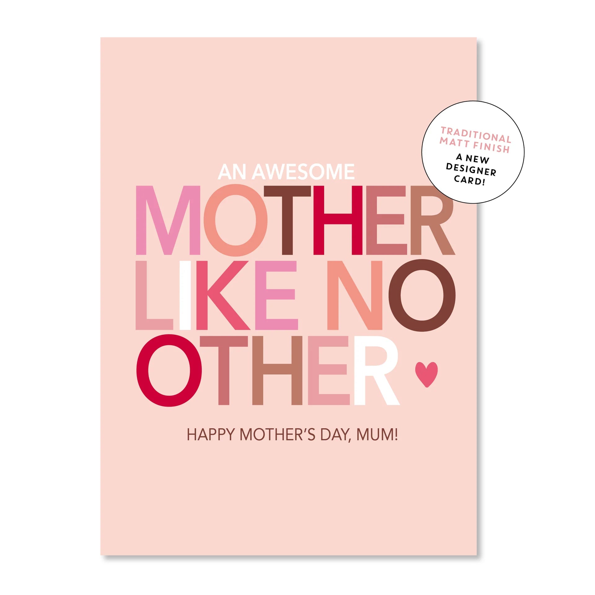 Close-up of a heartfelt card titled "An Awesome Mother like no other" by Just Smitten, featuring elegant handwritten calligraphy.