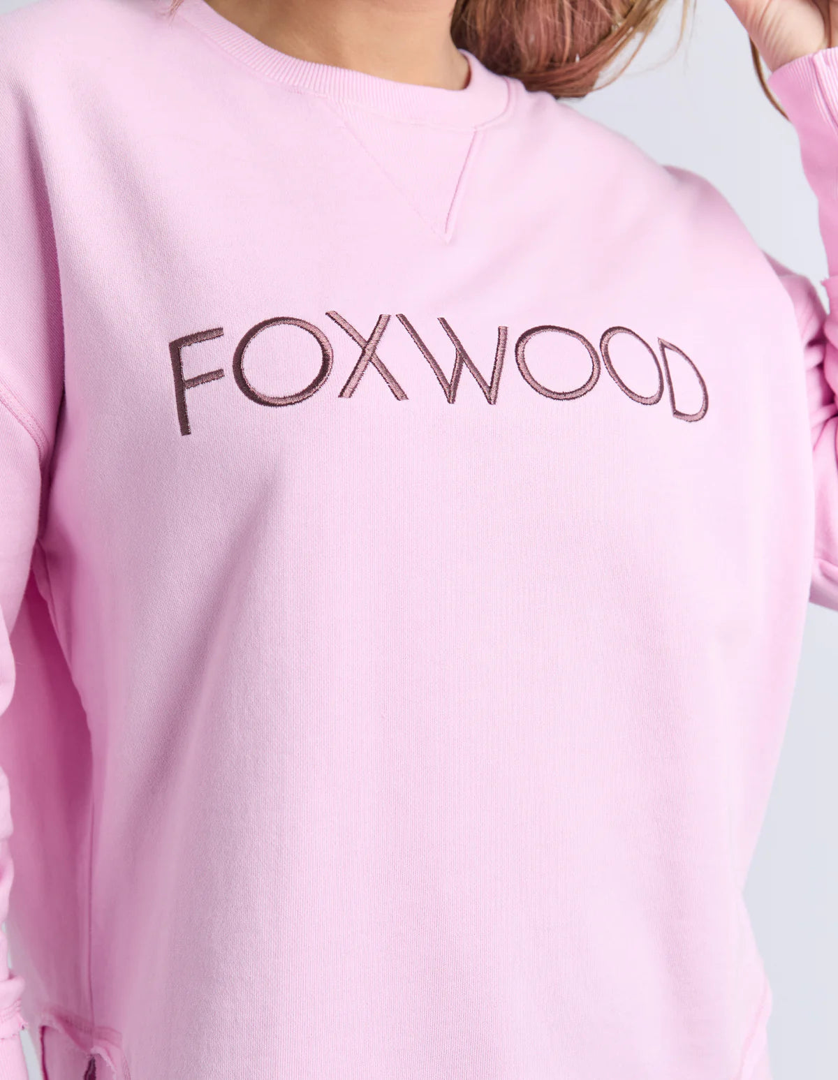 Bright pink Simplified Metallic Crew shirt by Foxwood, featuring a smooth metallic finish and classic crew neckline.