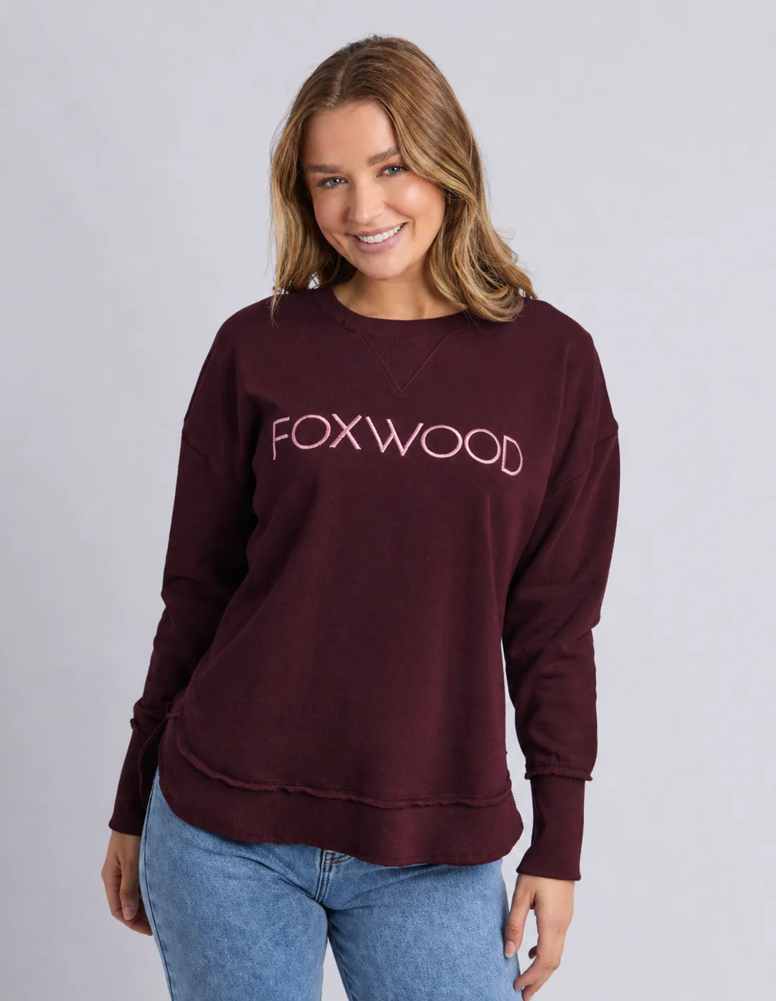 Foxwood Simplified Metallic Crew in port and burgundy, a stylish men's sweater with metallic accents, displayed on a hanger.