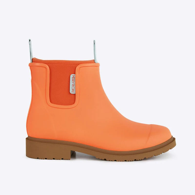 Merry People Bobbi Boots in vibrant orange sherbert color, stylish ankle boots with a chunky heel and textured finish.