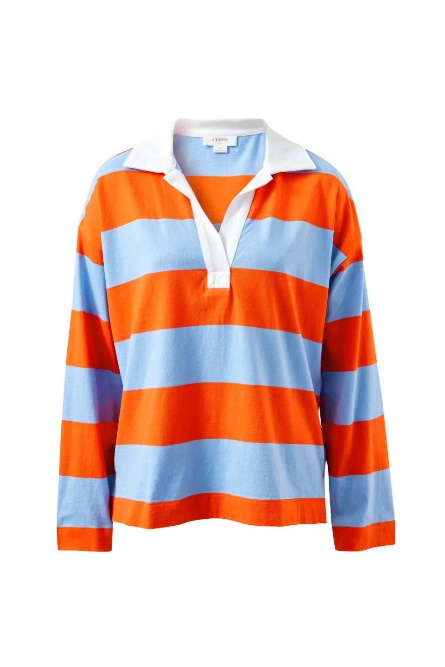 Shelby Slouchy Rugby Top - Sky Blue/Flame Stripe