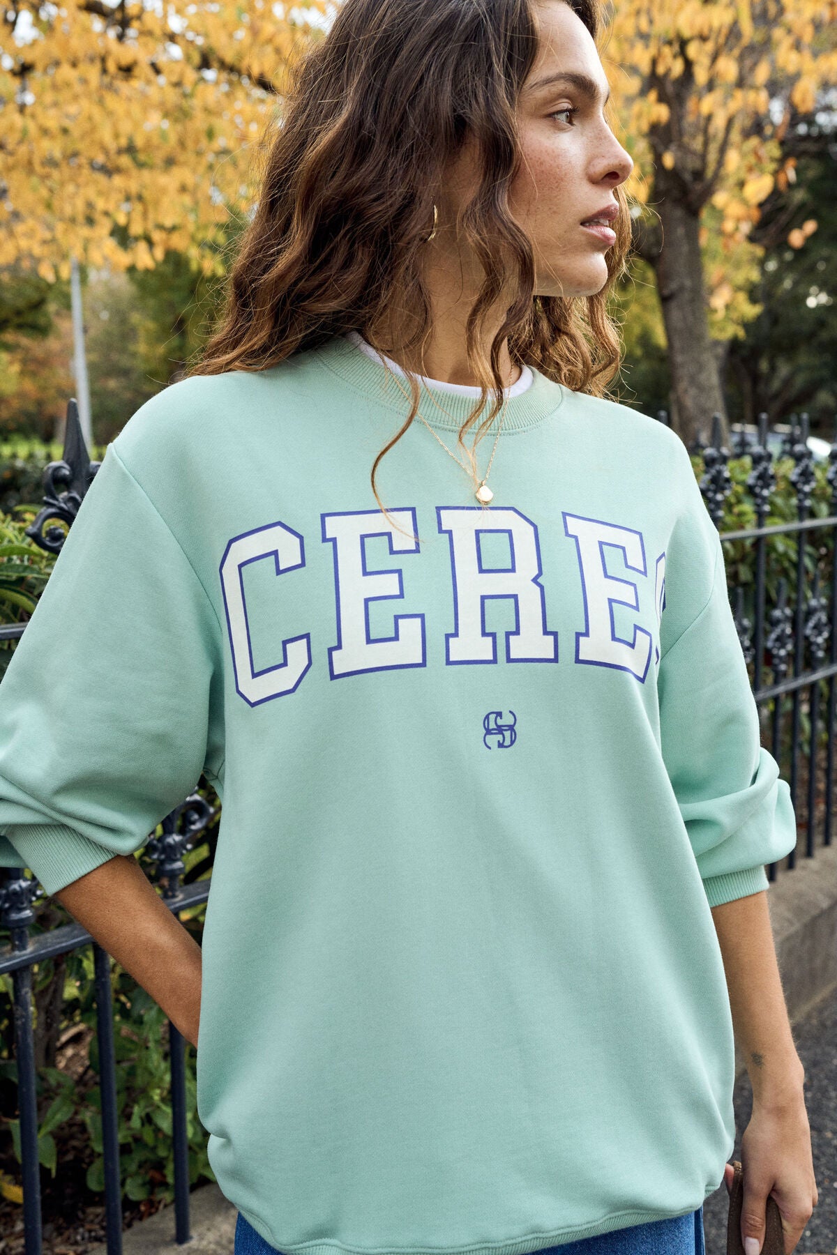 Isla Oversized Slouchy Crew - Seafoam/Polo blue heritage logo