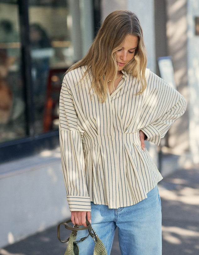 Ella Pleat Shirt - Butter Navy Stripe