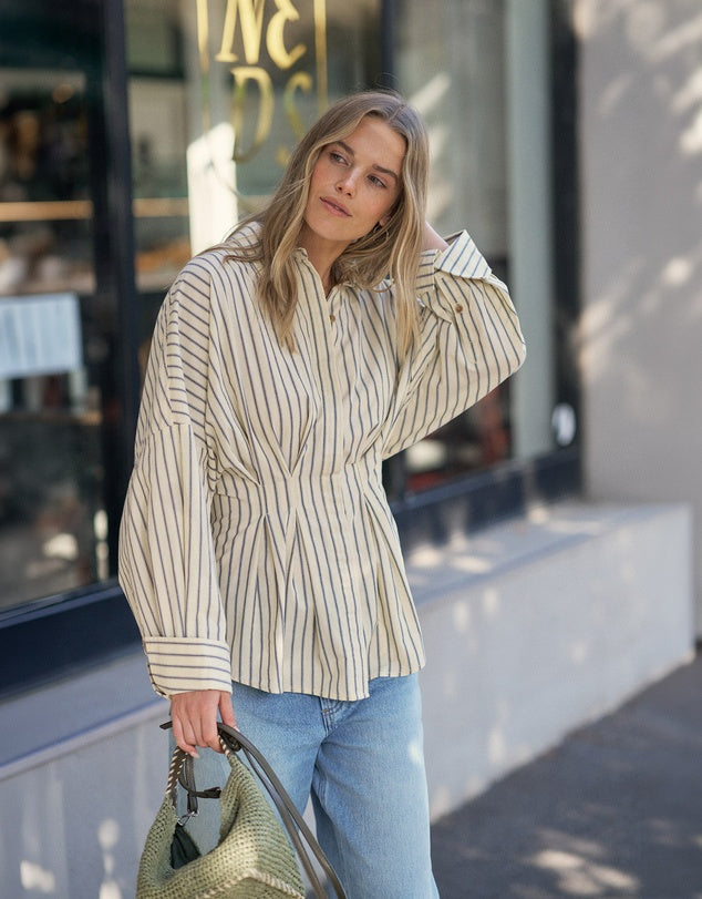 Ella Pleat Shirt - Butter Navy Stripe