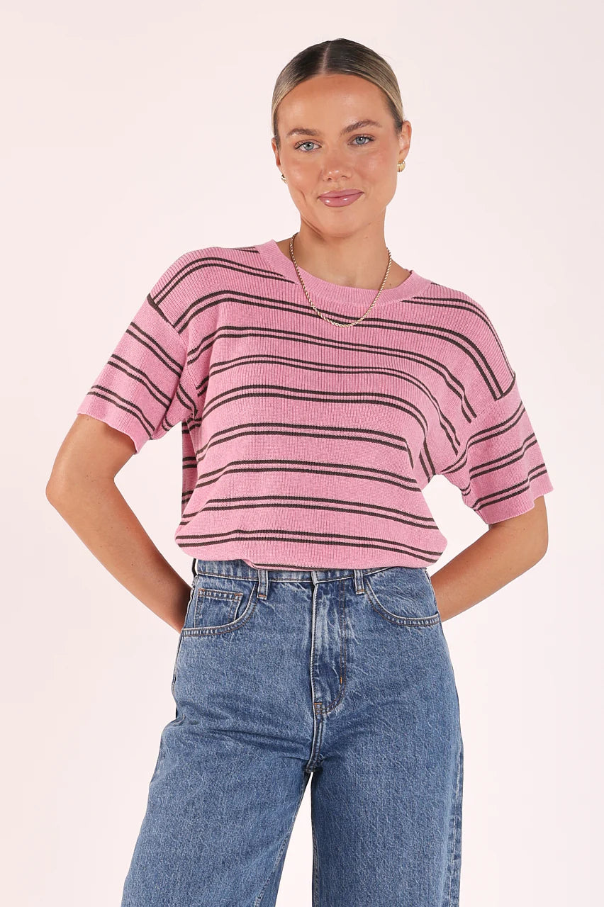 Jasper Knitted Tee - Pink Olive Stripe