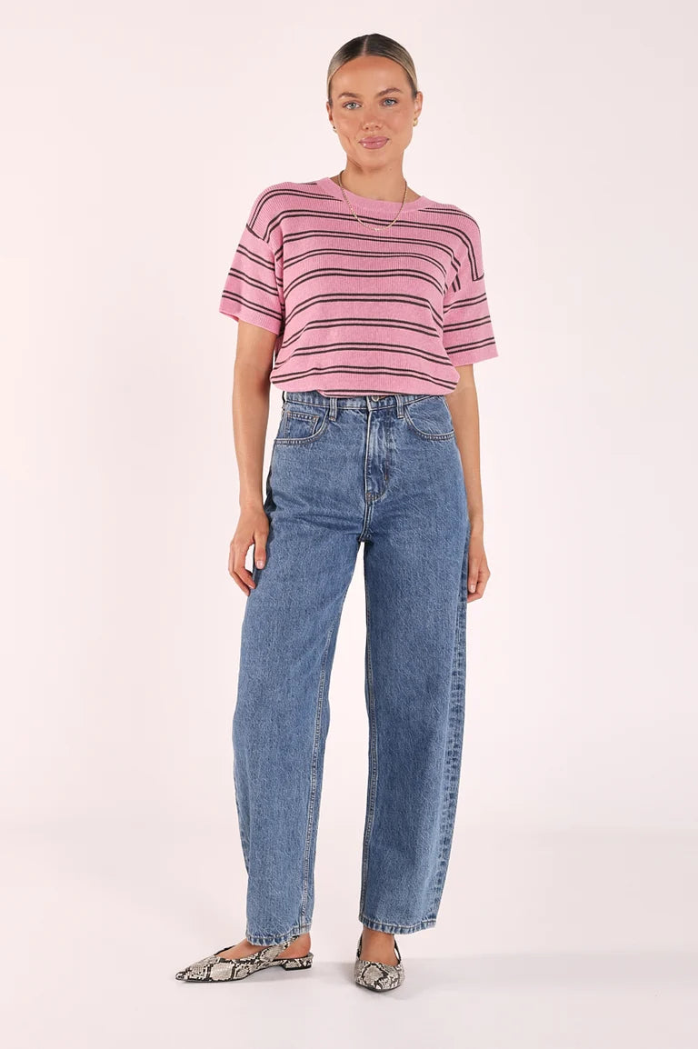 Jasper Knitted Tee - Pink Olive Stripe