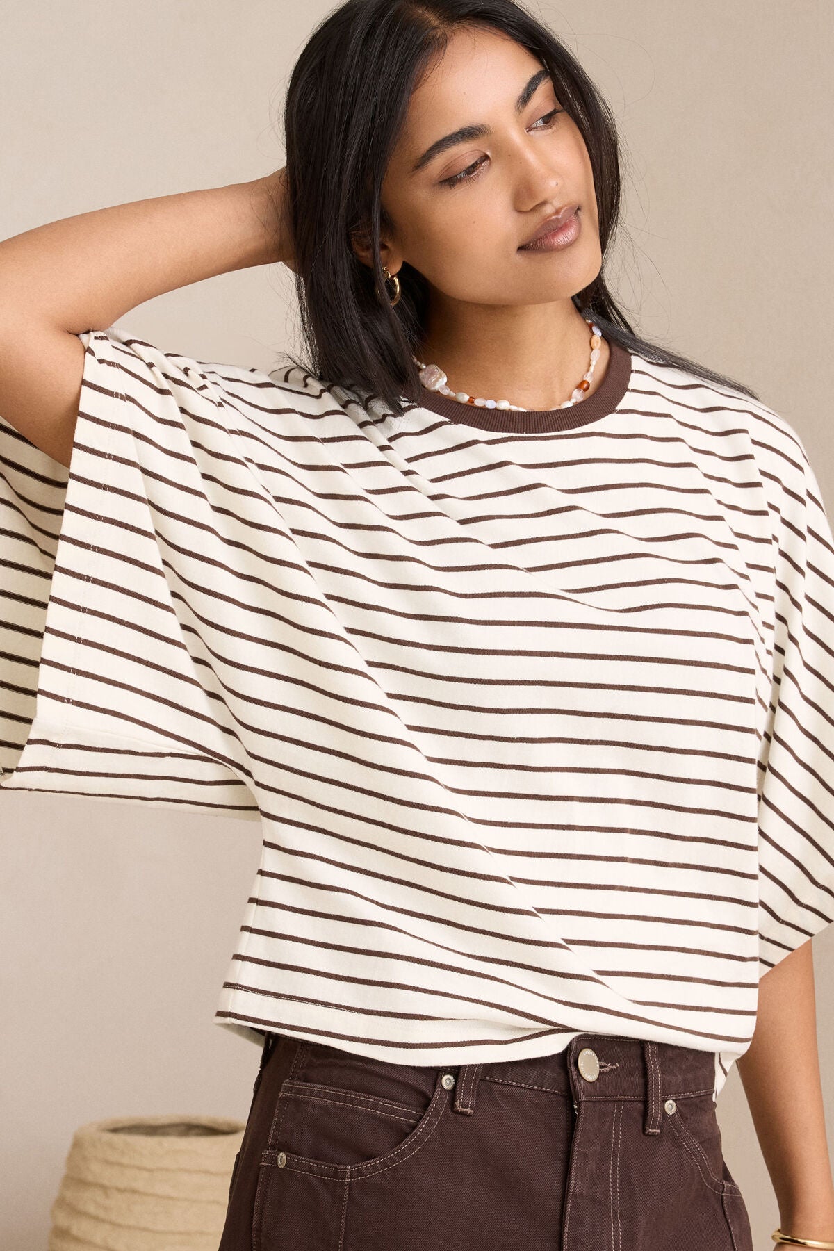 Lucy Relaxed Sleeve Tee - Milk/Brunette Stripe