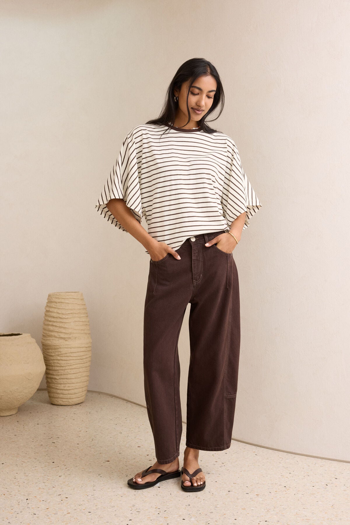 Lucy Relaxed Sleeve Tee - Milk/Brunette Stripe