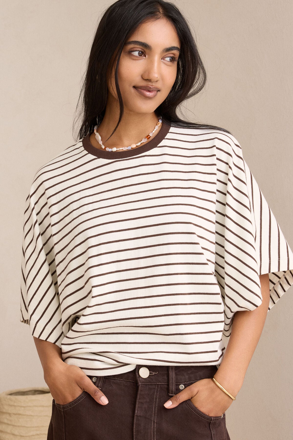 Lucy Relaxed Sleeve Tee - Milk/Brunette Stripe