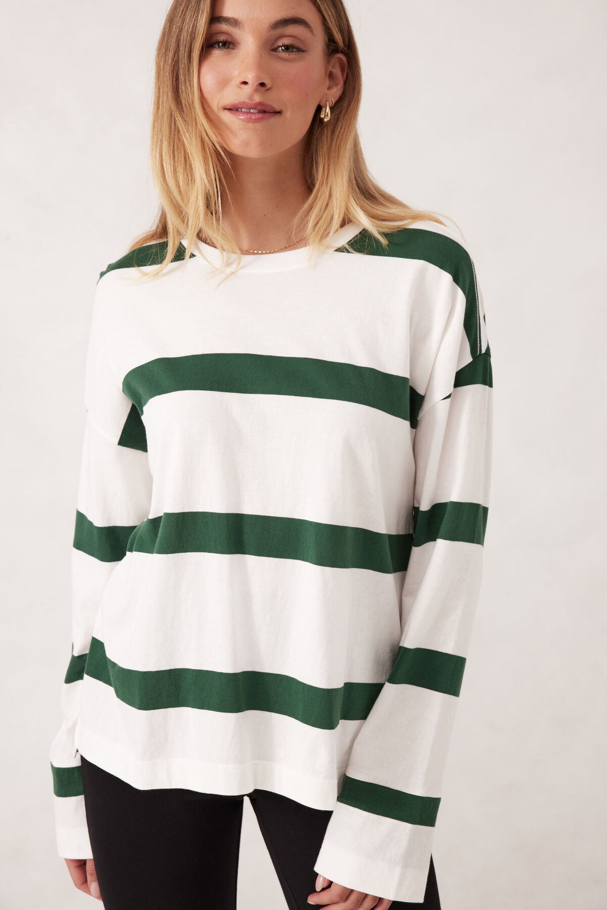 Slouchy Long Sleeve Tee - Pine Stripe