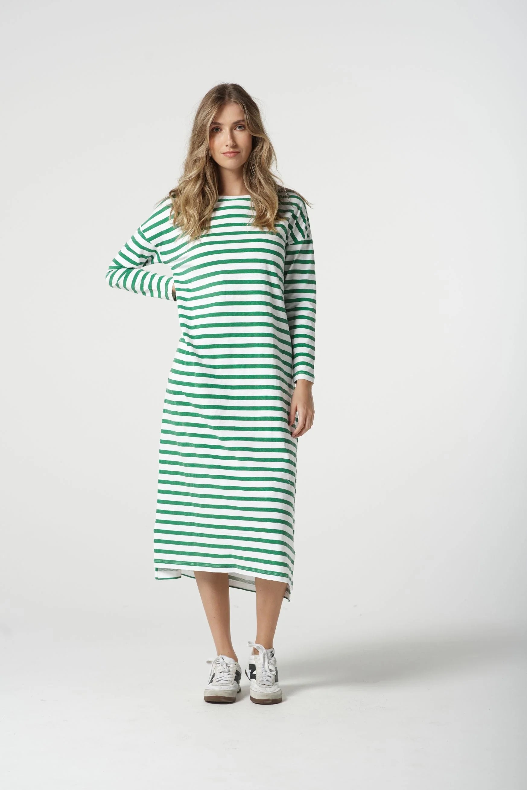 Stripe Slub Long Sleeve Dress White/Jolly Green