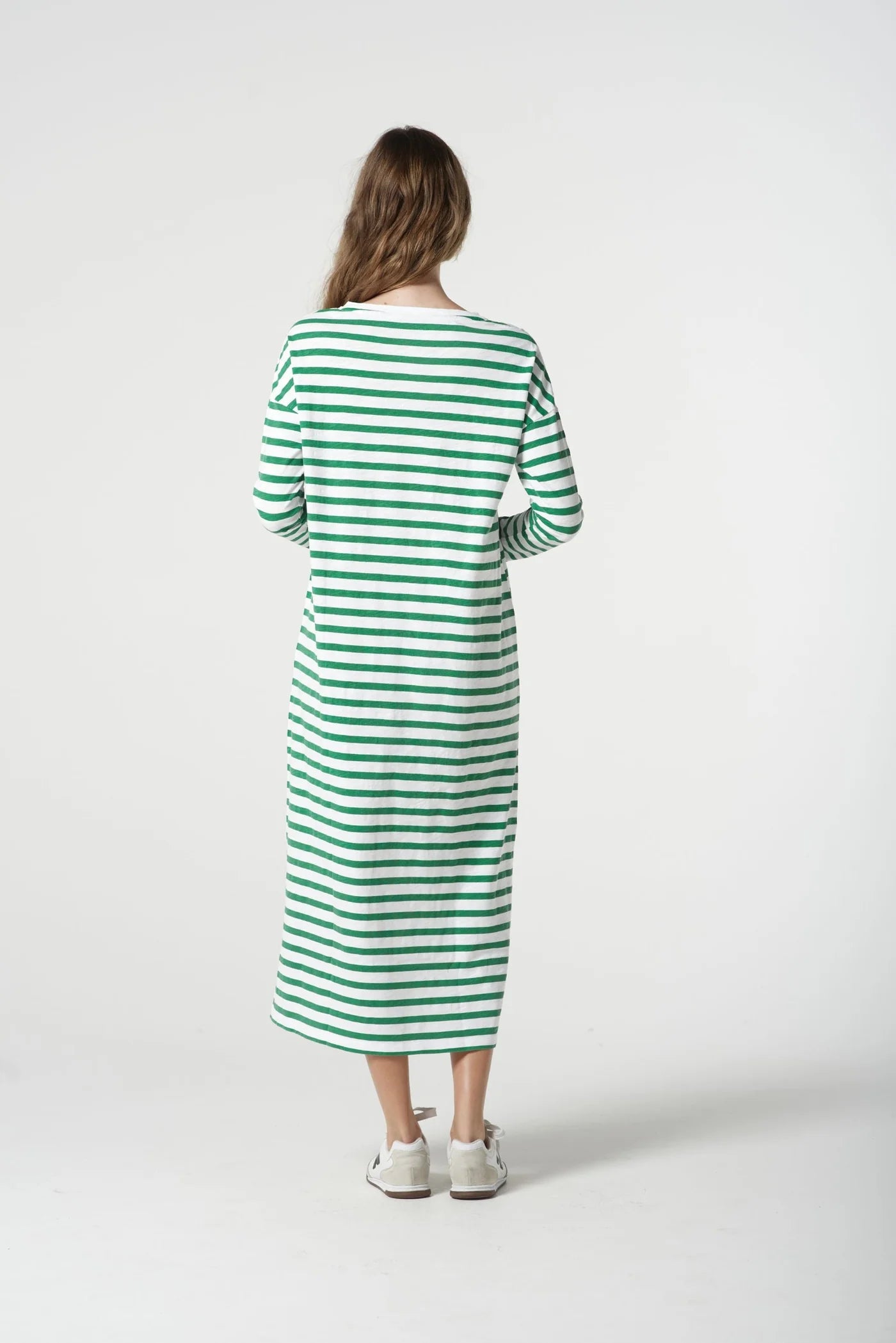 Stripe Slub Long Sleeve Dress White/Jolly Green