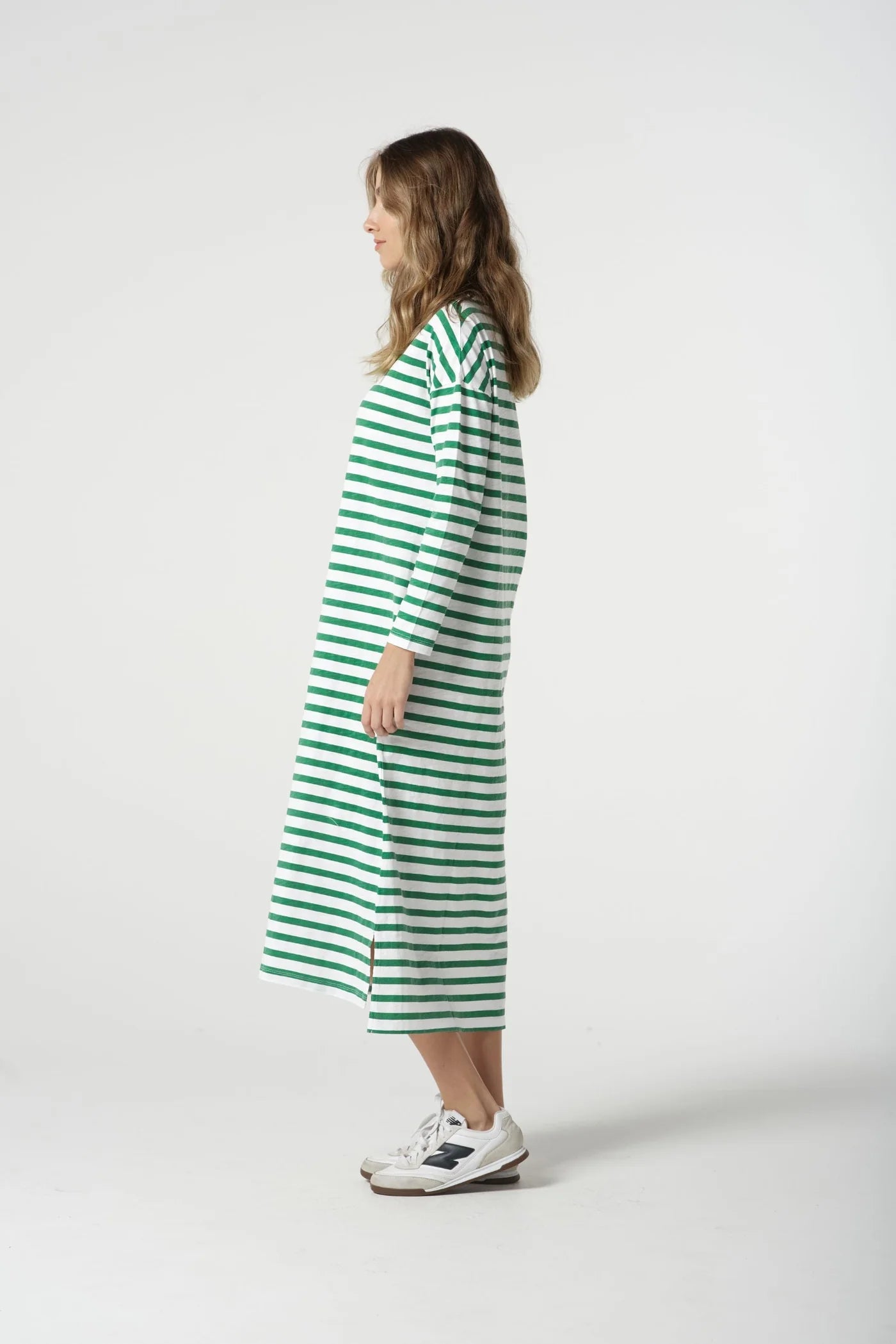 Stripe Slub Long Sleeve Dress White/Jolly Green