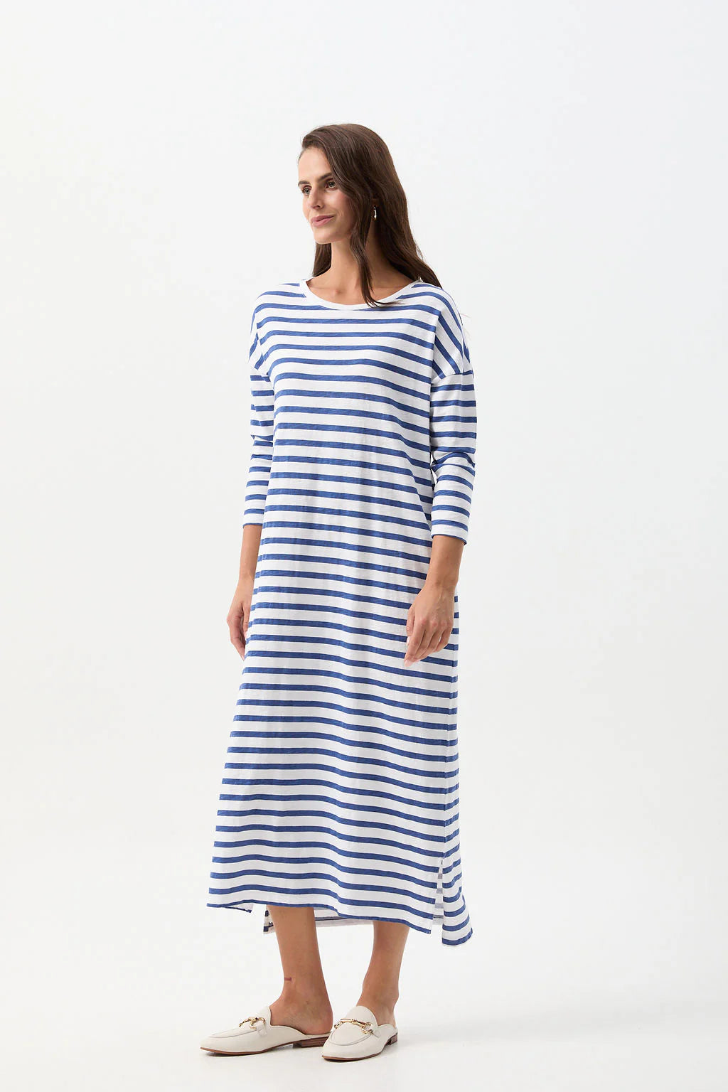 Stripe Slub Long Sleeve Dress White/Limoges Blue