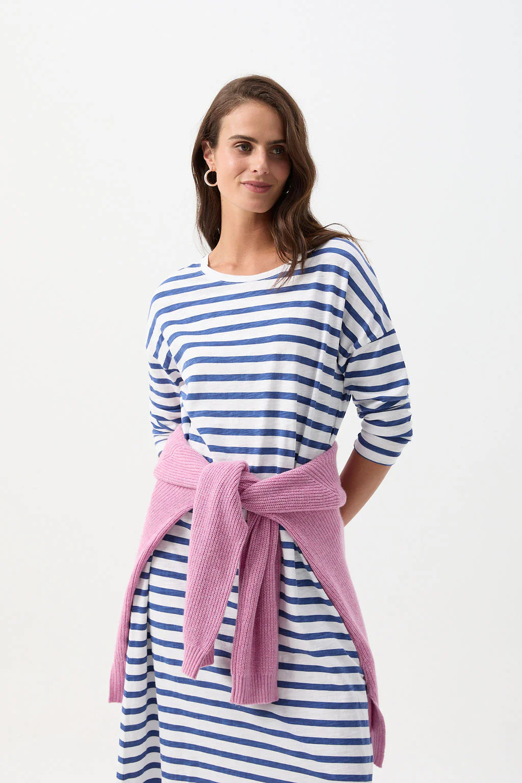 Stripe Slub Long Sleeve Dress White/Limoges Blue