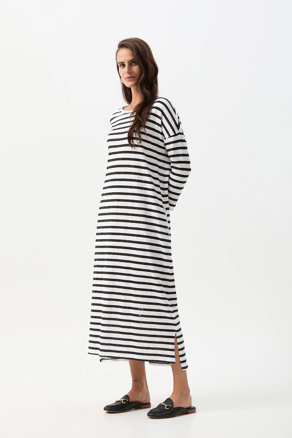 Stripe Slub Long Sleeve Dress White/Black