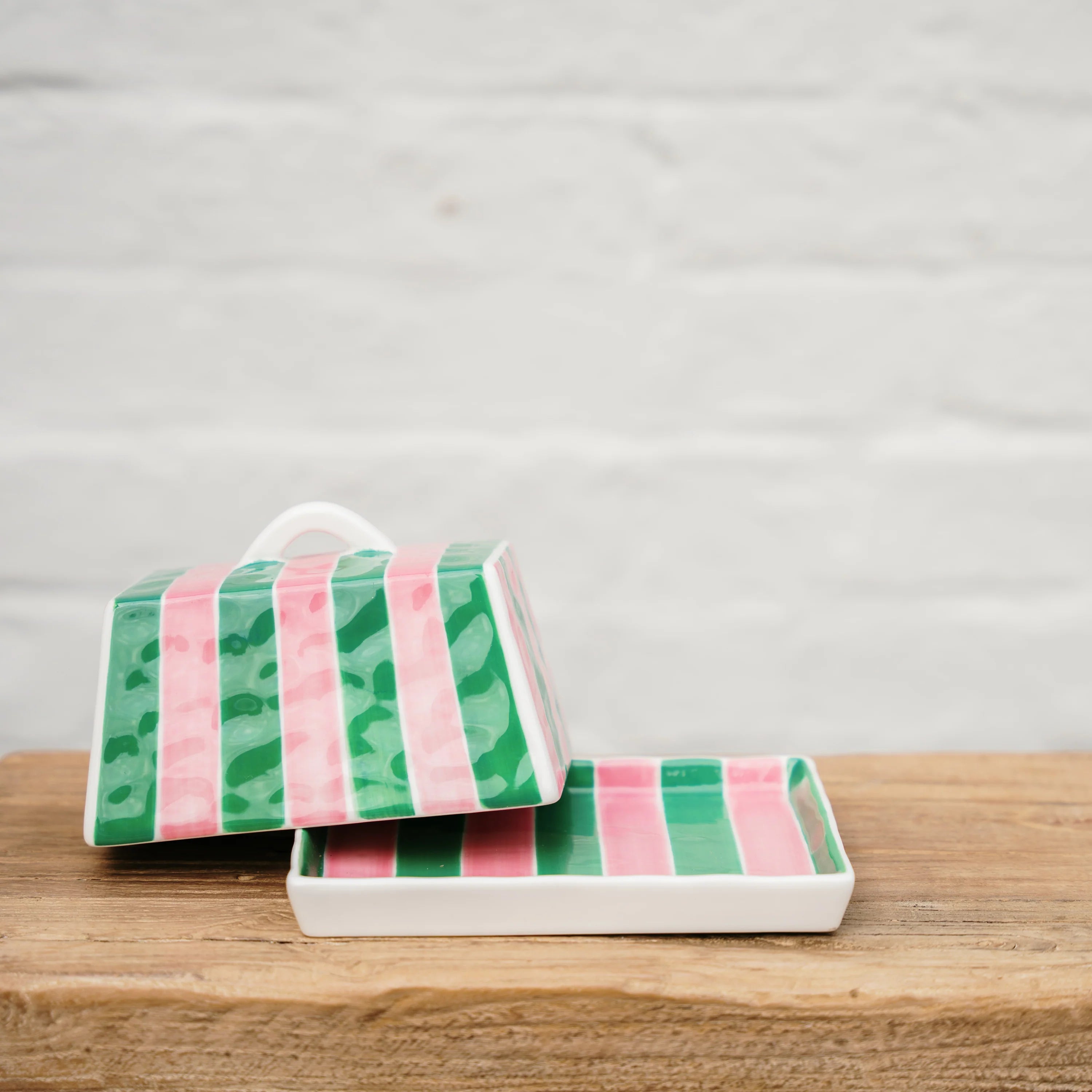 Large Butter Dish - Pink & Green Stripe