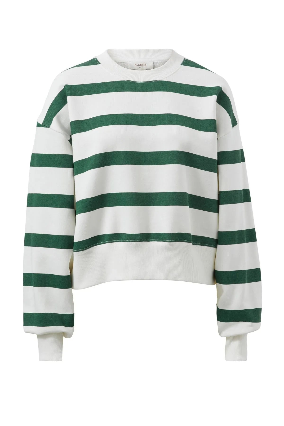 CROPPED SLOUCHY CREW/PINE GREEN STRIPE