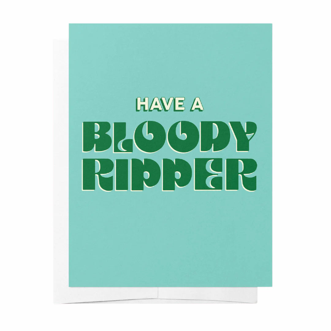 Green birthday greeting card featuring a bloody ripper design from Bad on Paper, with bold, artistic illustration on the front.