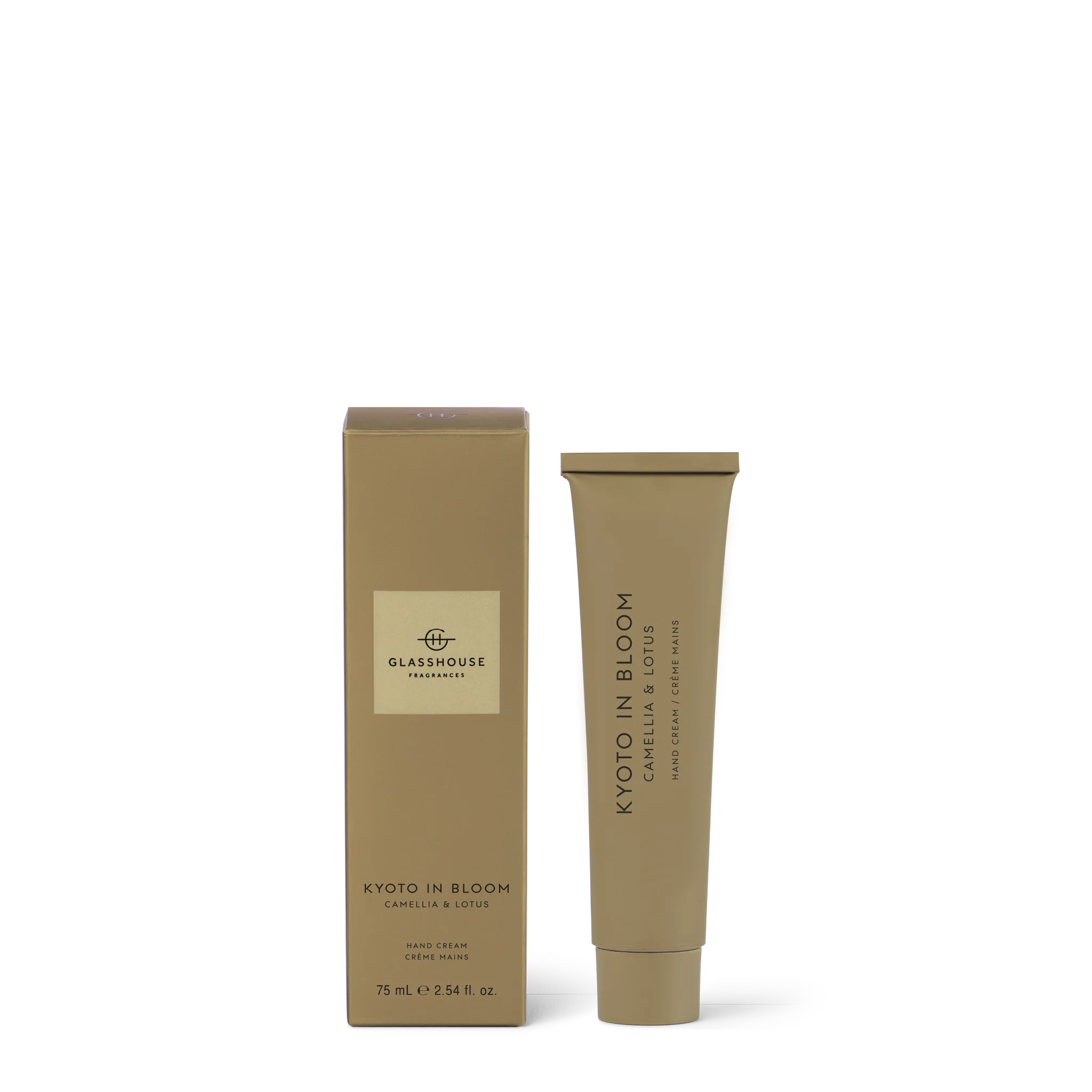 Glasshouse Fragrances Kyoto in Bloom camellia and lotus hand cream in a 75mL tube with floral packaging.