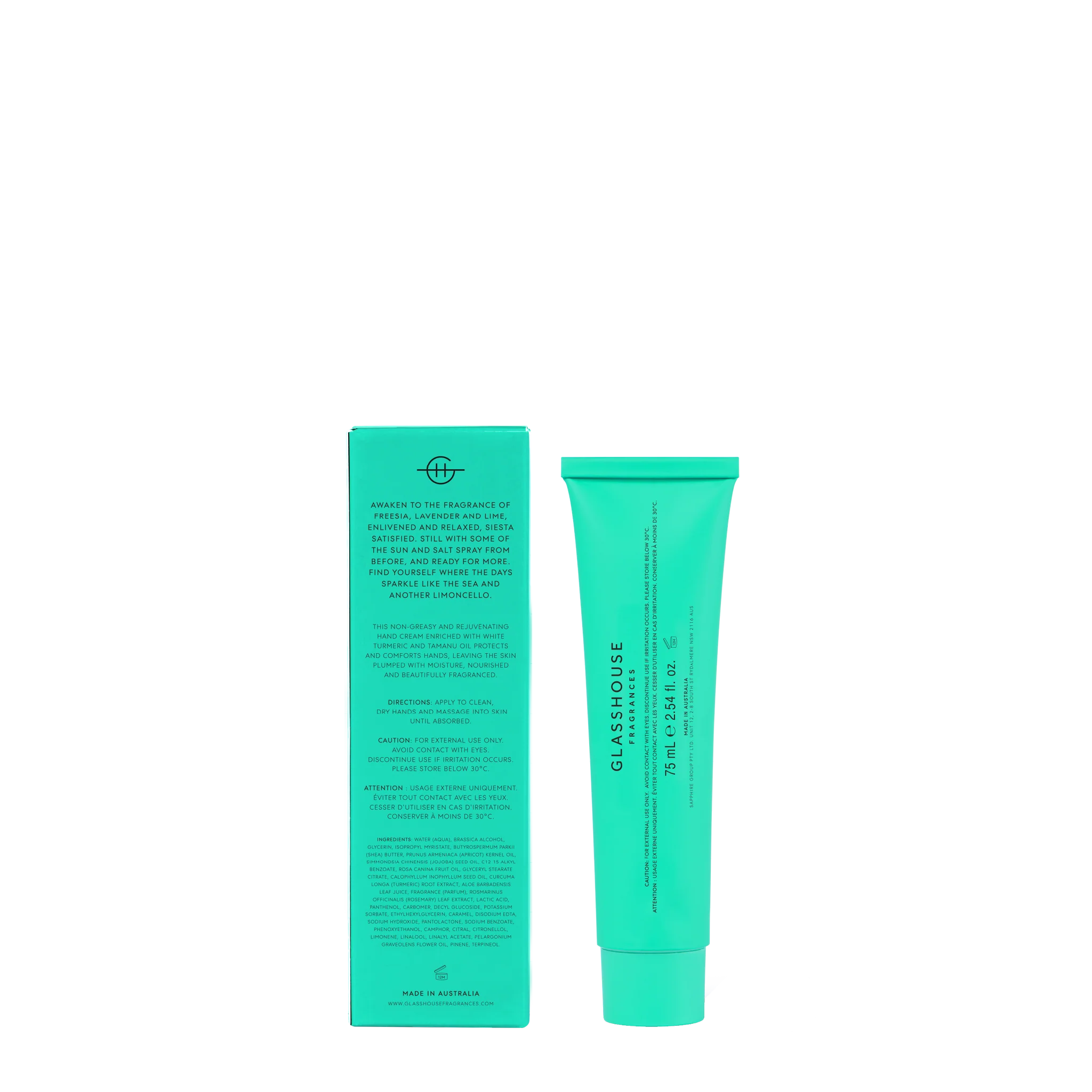 Glasshouse LOST IN AMALFI Sea Mist 75mL hand cream tube with floral and ocean-inspired design.